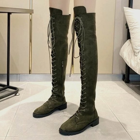 Army Olive Green Knee High Thigh High Lace Up Combat Boot with Lug Sole - Picture 1 of 6